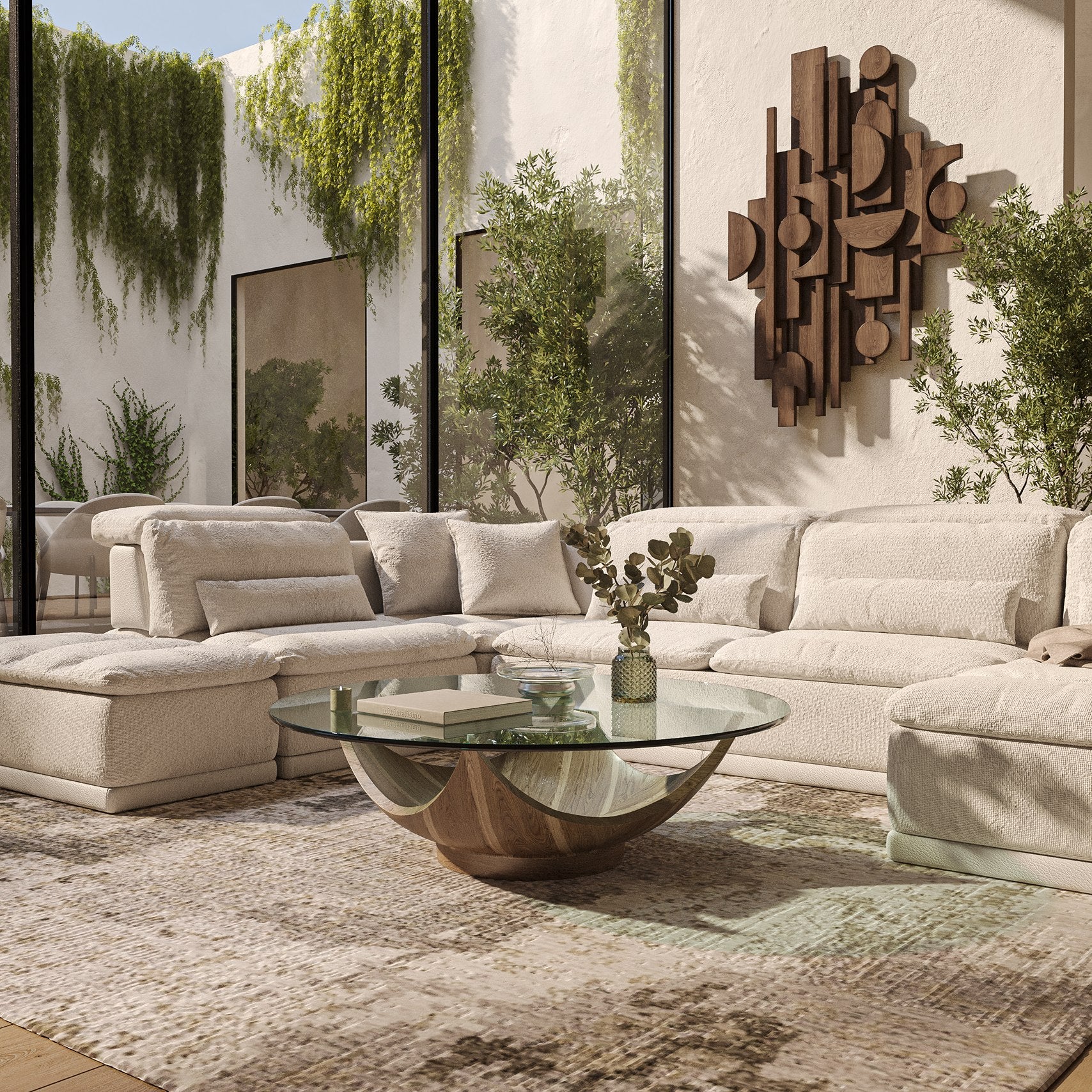 Sunrise - Contemporary Glass + Walnut Round Coffee Table - image 4