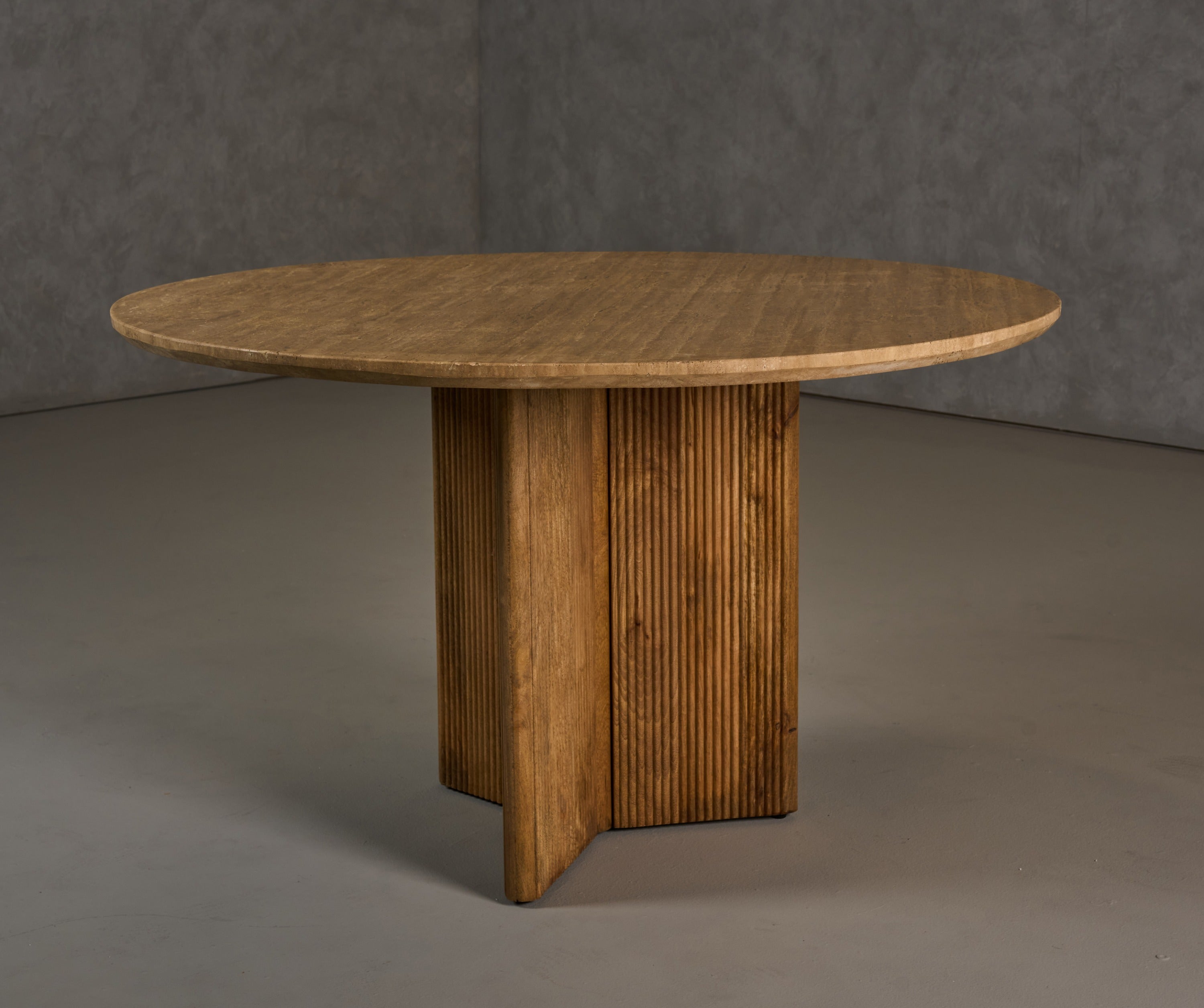 Pawnee - Modern Travertine Marble + Wood Round Dining Table - image 3
