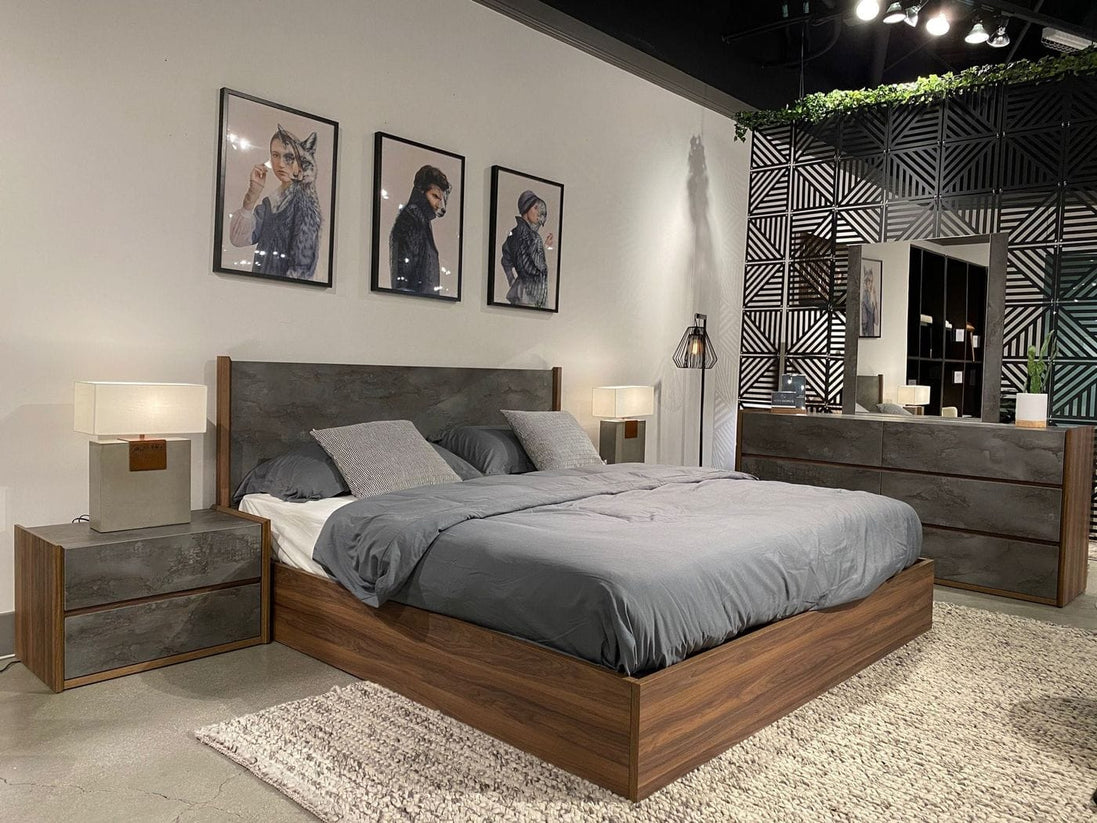 Rado - Queen Modern Walnut & Volcanic Slate Bed