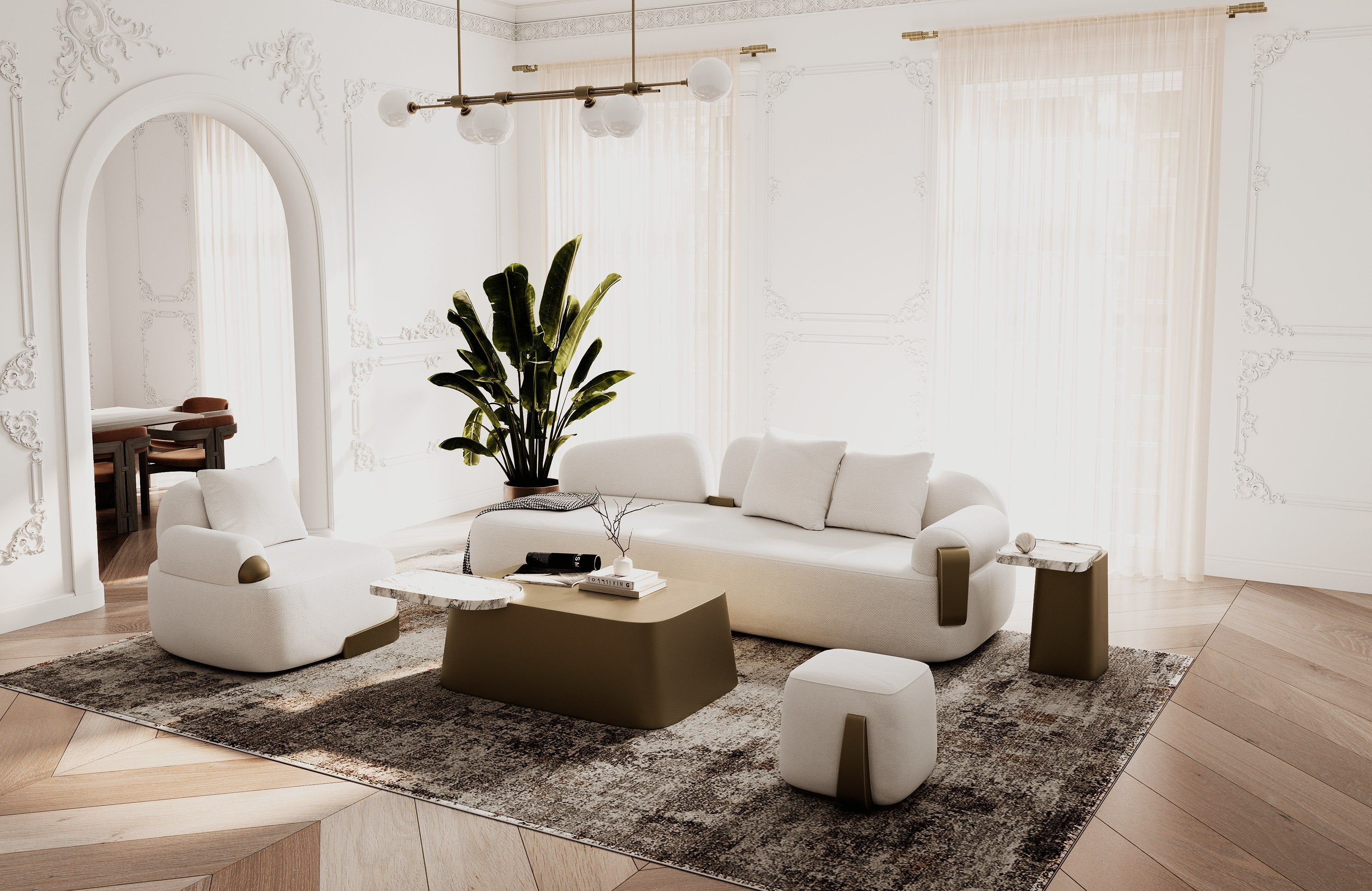 Rainier - Contemporary Off-White Fabric + Antique Brass Sofa - image 4