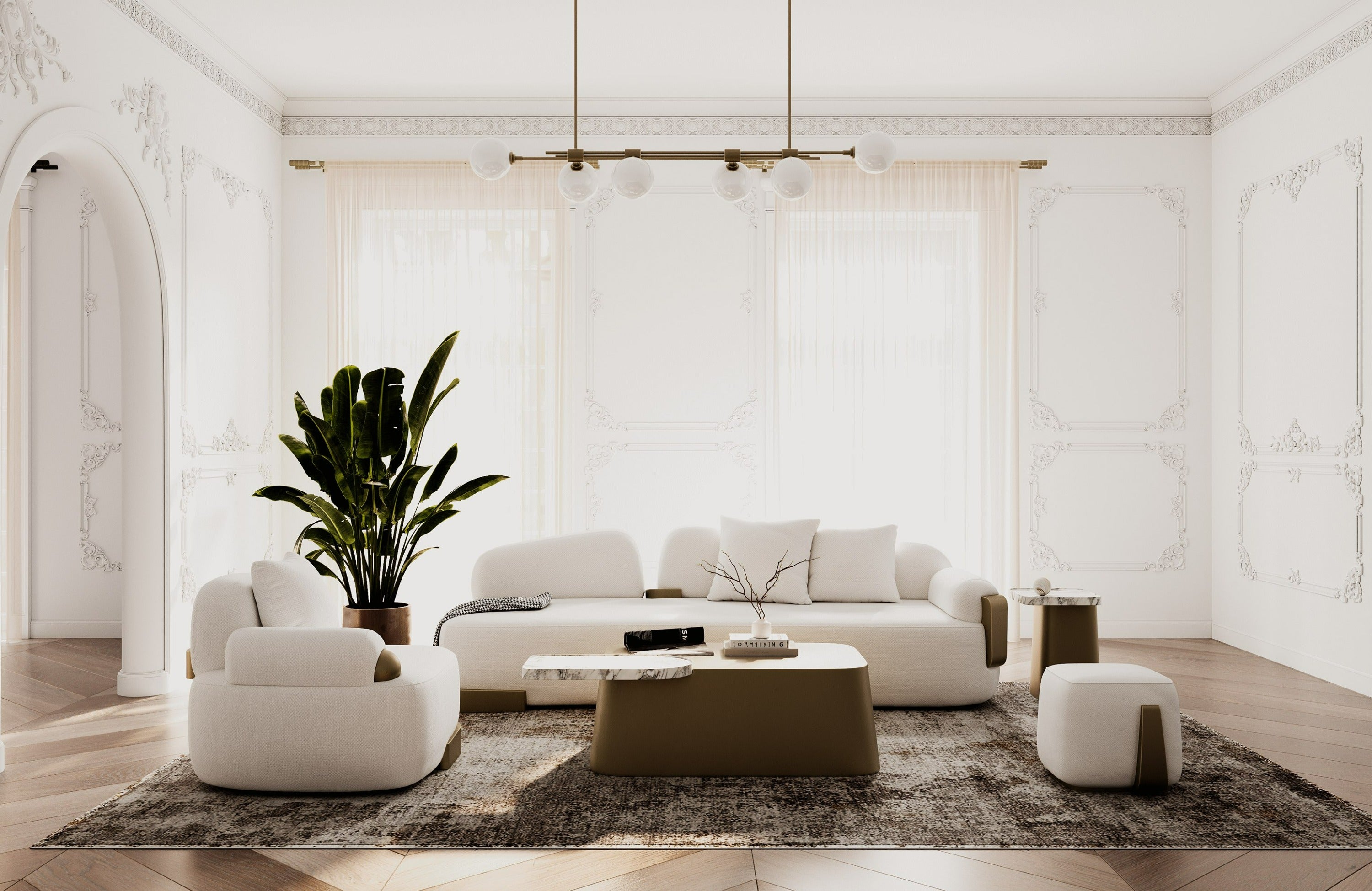 Rainier - Contemporary Off-White Fabric + Antique Brass Sofa - image 3