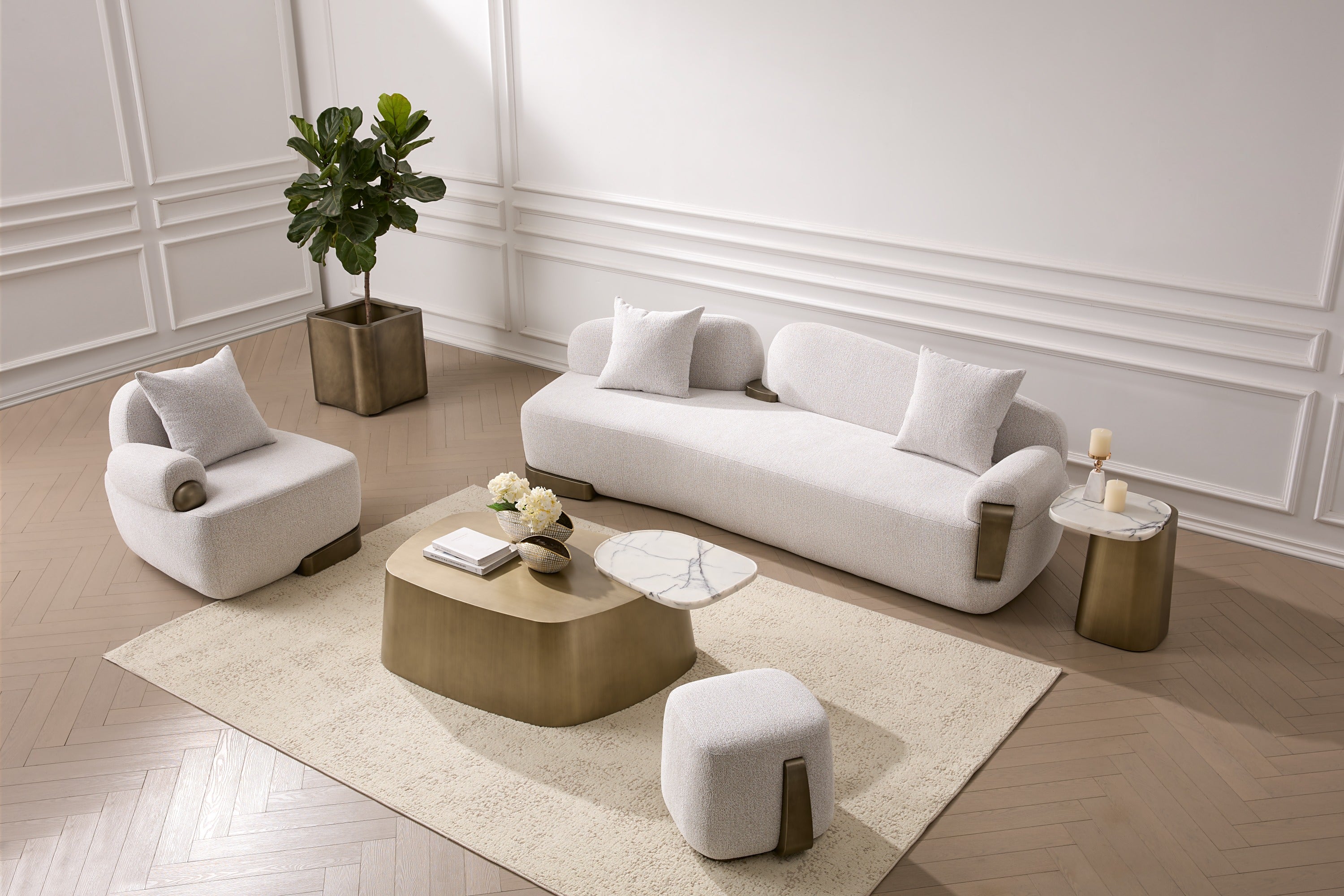 Rainier - Contemporary Off-White Fabric + Antique Brass Sofa