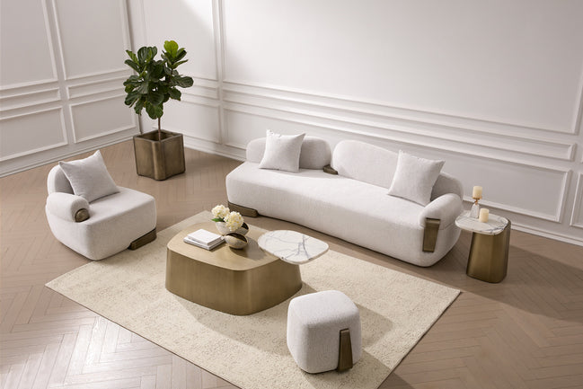 Rainier - Contemporary Off-White Fabric + Antique Brass Ottoman