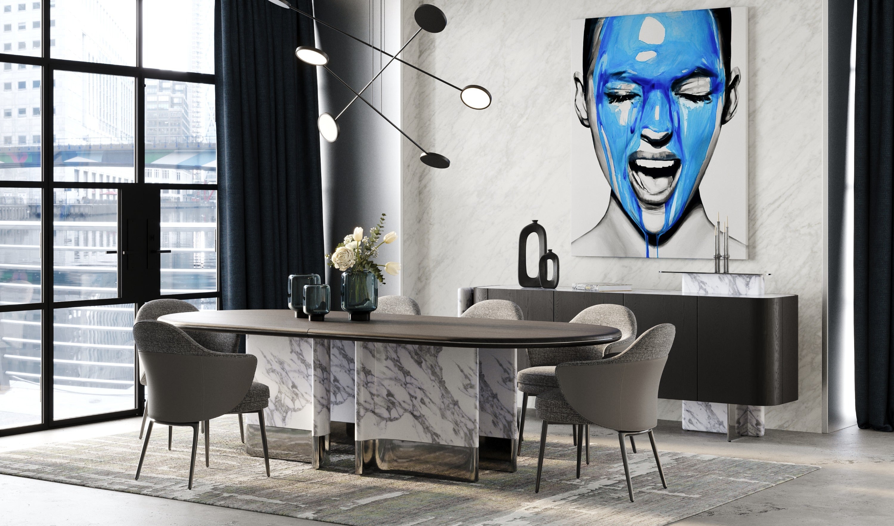 Renfew - Modern Black Oak + Faux Marble Oval Dining Table - image 4