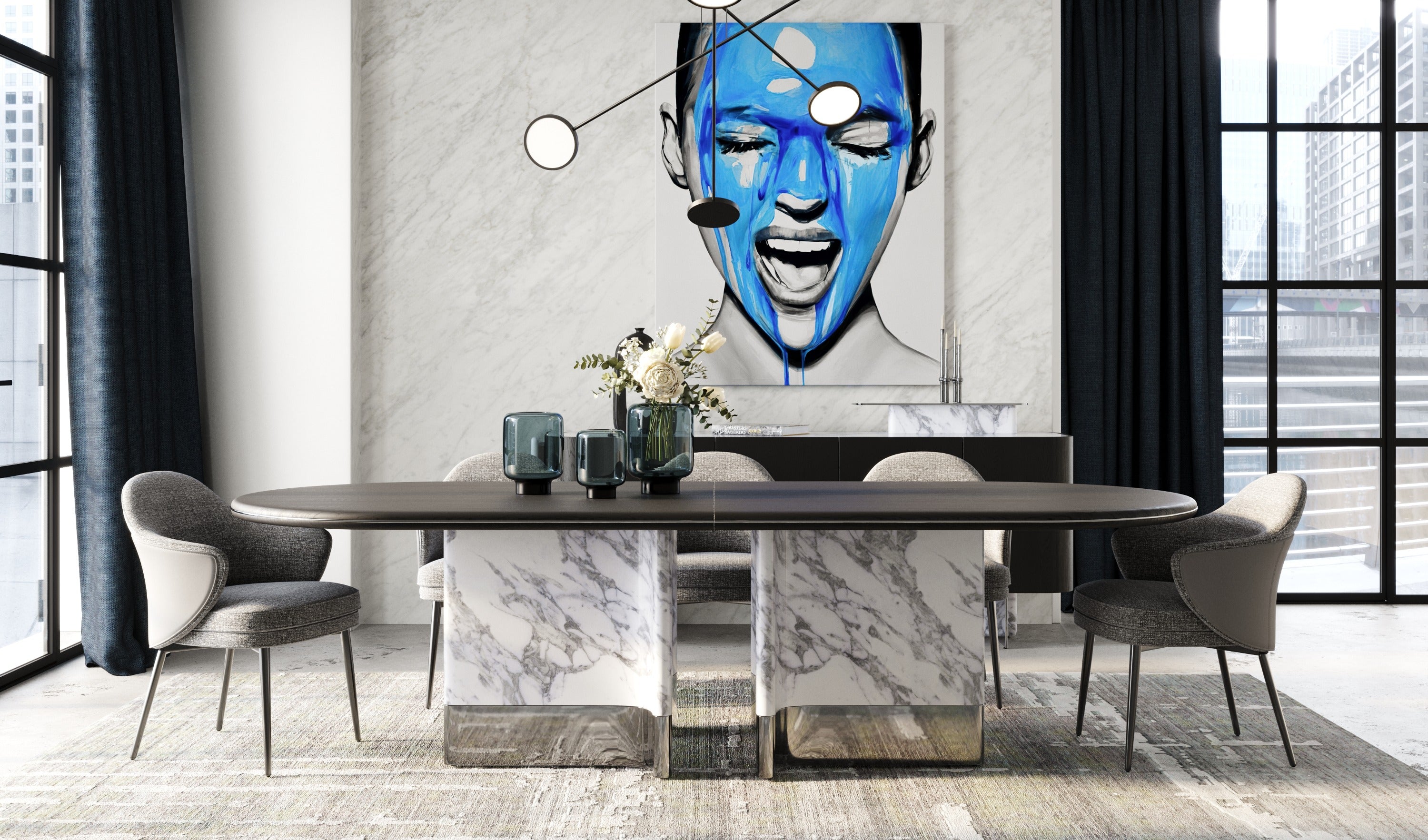 Renfew - Modern Black Oak + Faux Marble Oval Dining Table - image 5