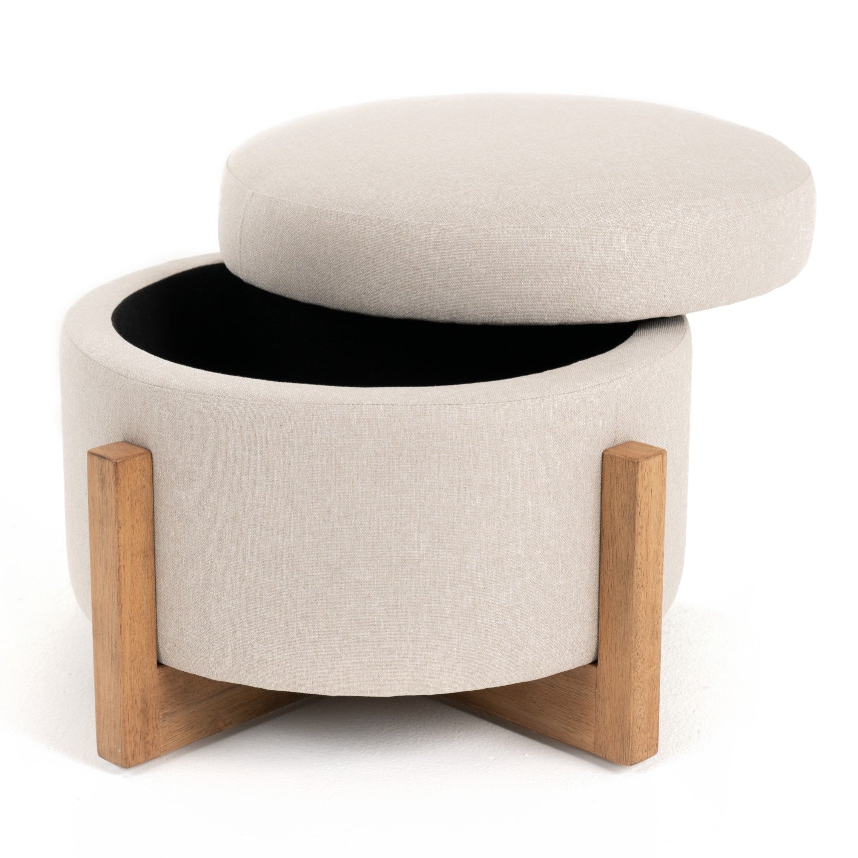 Sada - Mid-Century Modern Beige Linen + Chestnut Round Ottoman - image 2