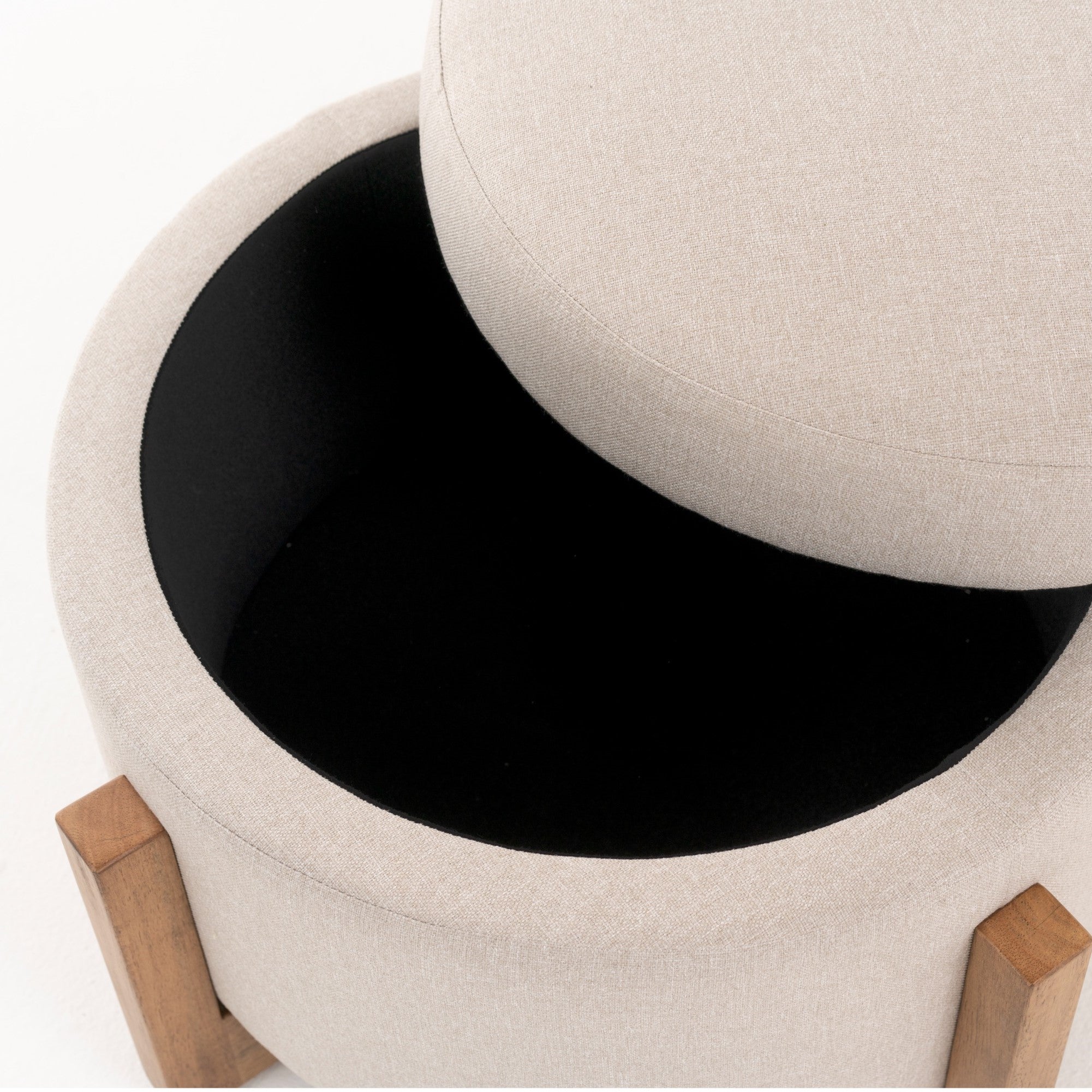 Sada - Mid-Century Modern Beige Linen + Chestnut Round Ottoman - image 3