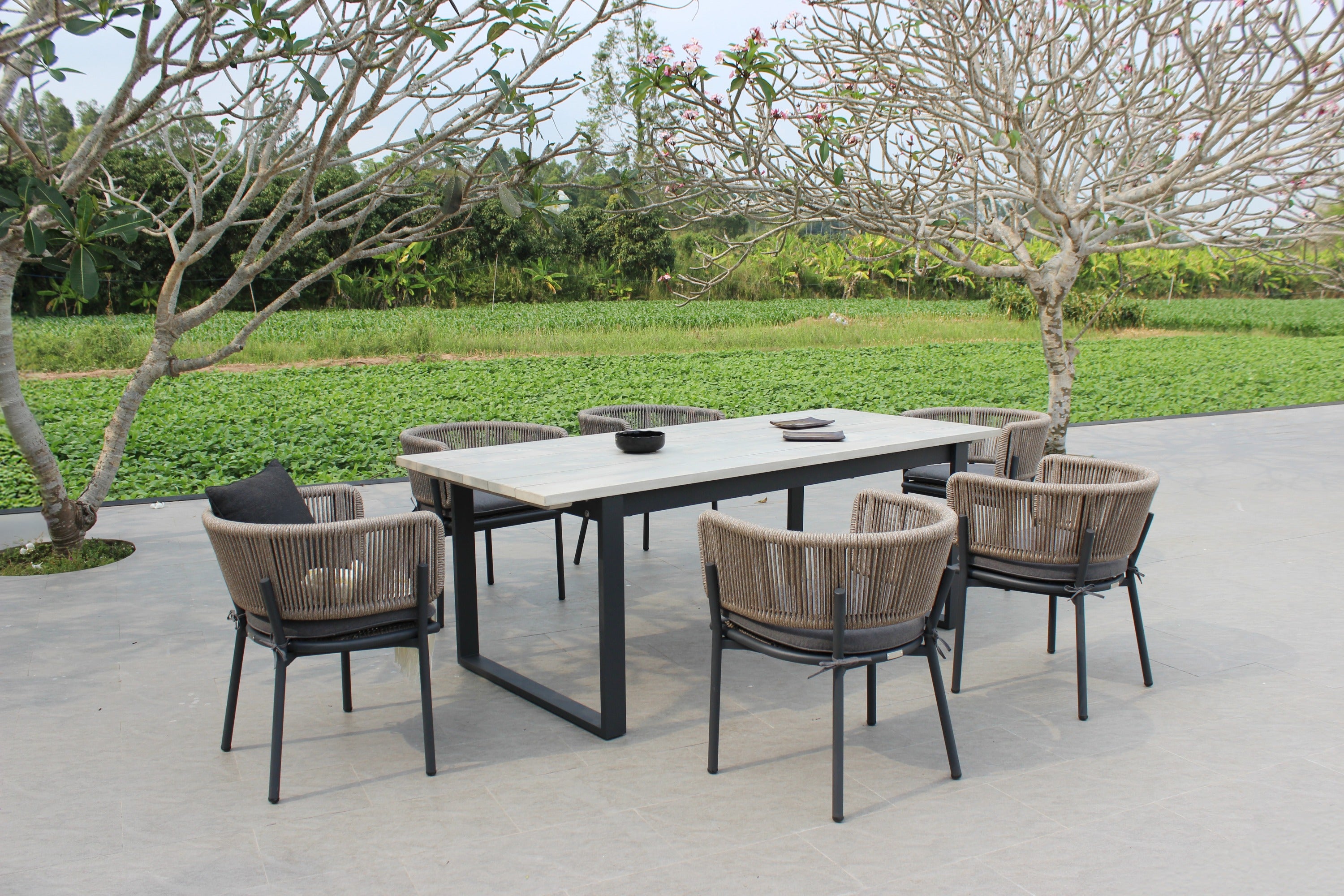 Suntide - Outdoor Grey Fabric + Grey Acacia + Beige Rattan Dining Set - image 5
