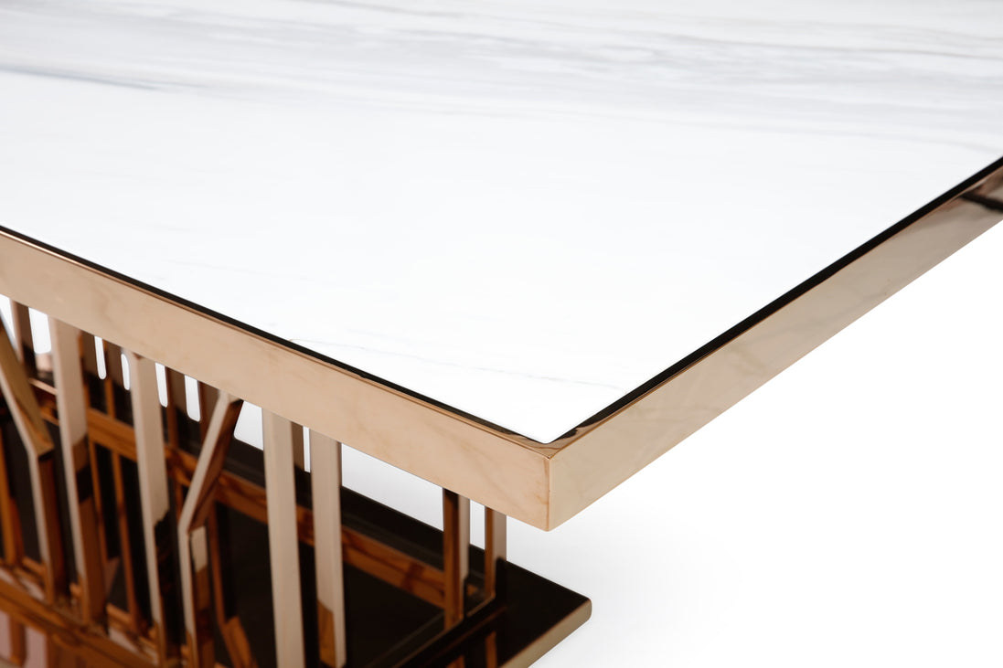 Marston Modern White Marble & Rosegold Dining Table